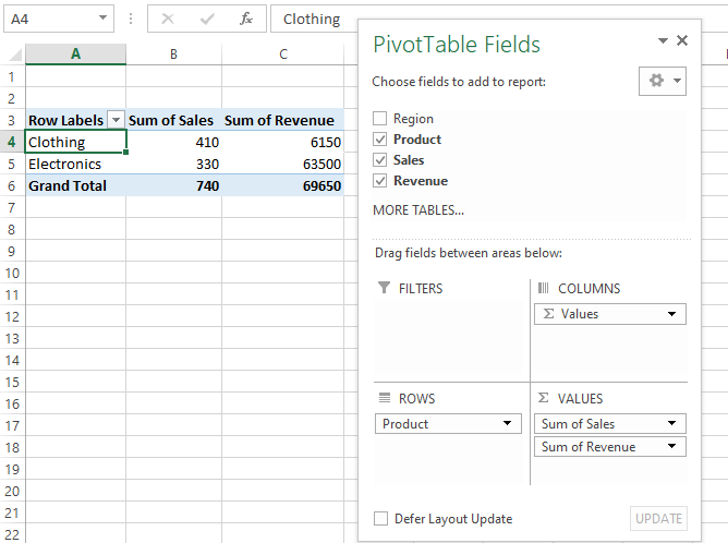 Creating a PivotTable in excel