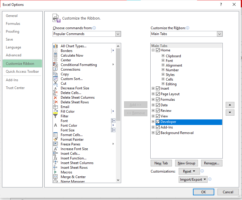 Selecting the Developer Option from a dialog box and hit OK in Excel