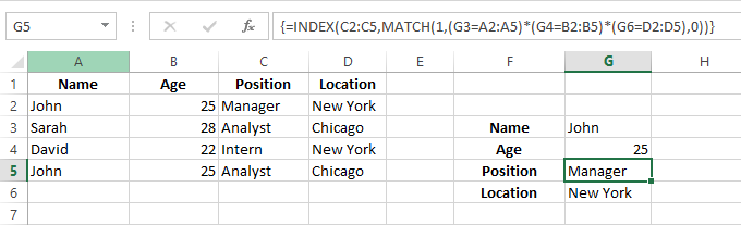 Using INDEX and MATCH functions with multiple criteria to find the position of John