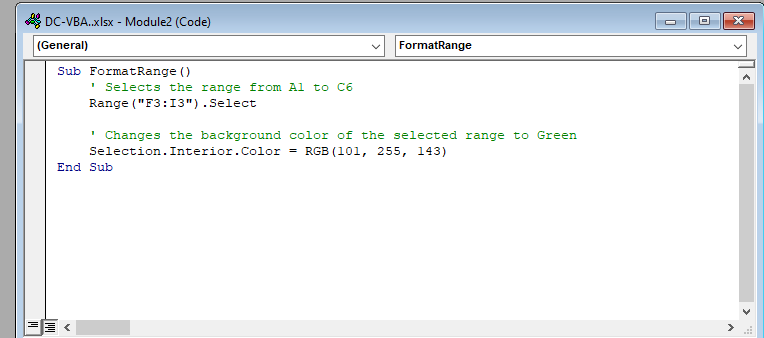 Code for changing the color of the selected range using VBA in Excel