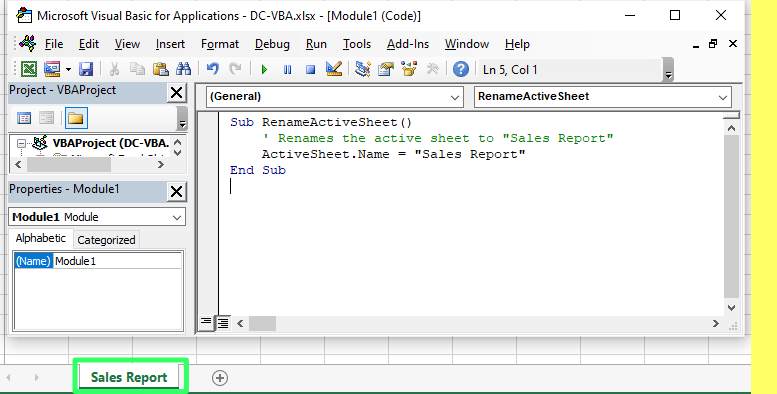 Code for changing the name of the worksheet using VBA in Excel