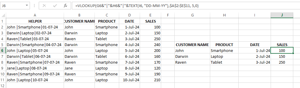 Retrieving the sales using Vlookup with multiple criteria.