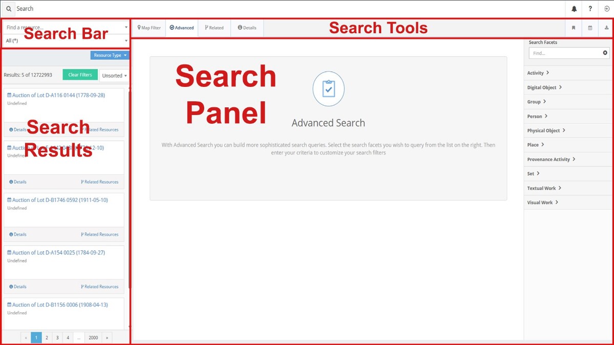 Screenshot of a search interface with red lines and text explaining various sections