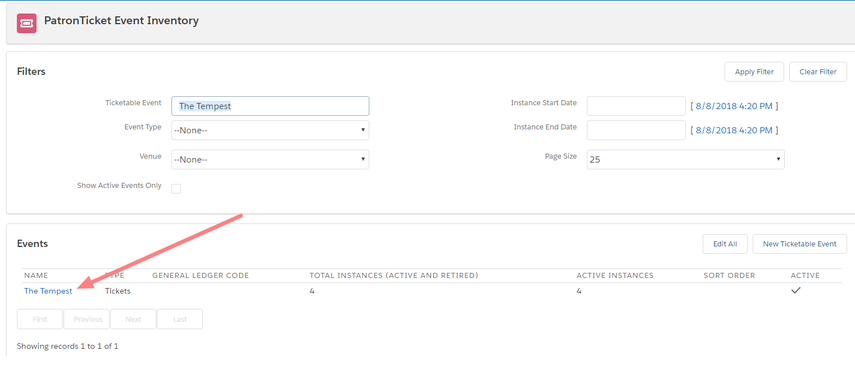 Find the Event you set up (you can use the filters to find it faster) and click on the Event name