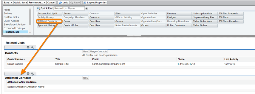 4) Drag the Affiliated Contacts related list down onto the layout, wherever you like