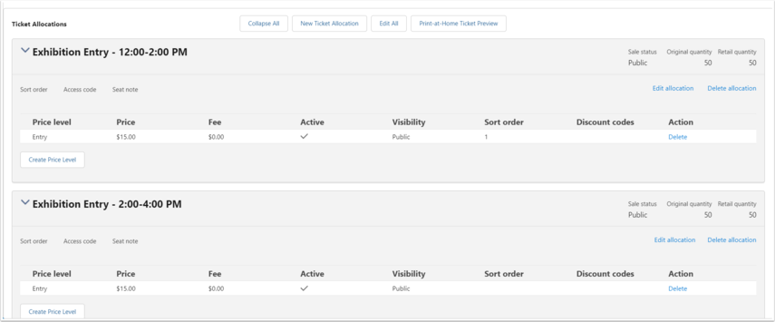 One Ticket Allocation per time slot with Price Levels