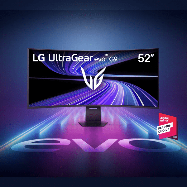 UltraGear evo G9 monitor on futuristic background.