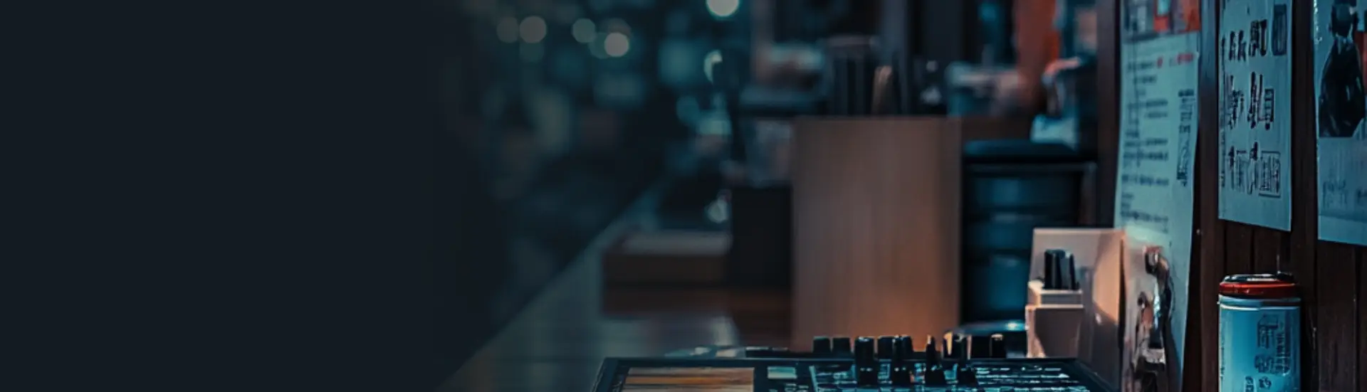 Blurred audio equipment background – supporting Qrates music project atmosphere