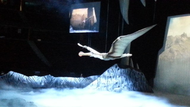 A pterosaur flies over the arena under bluish light