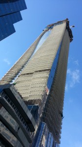 A tall building looms into the sky