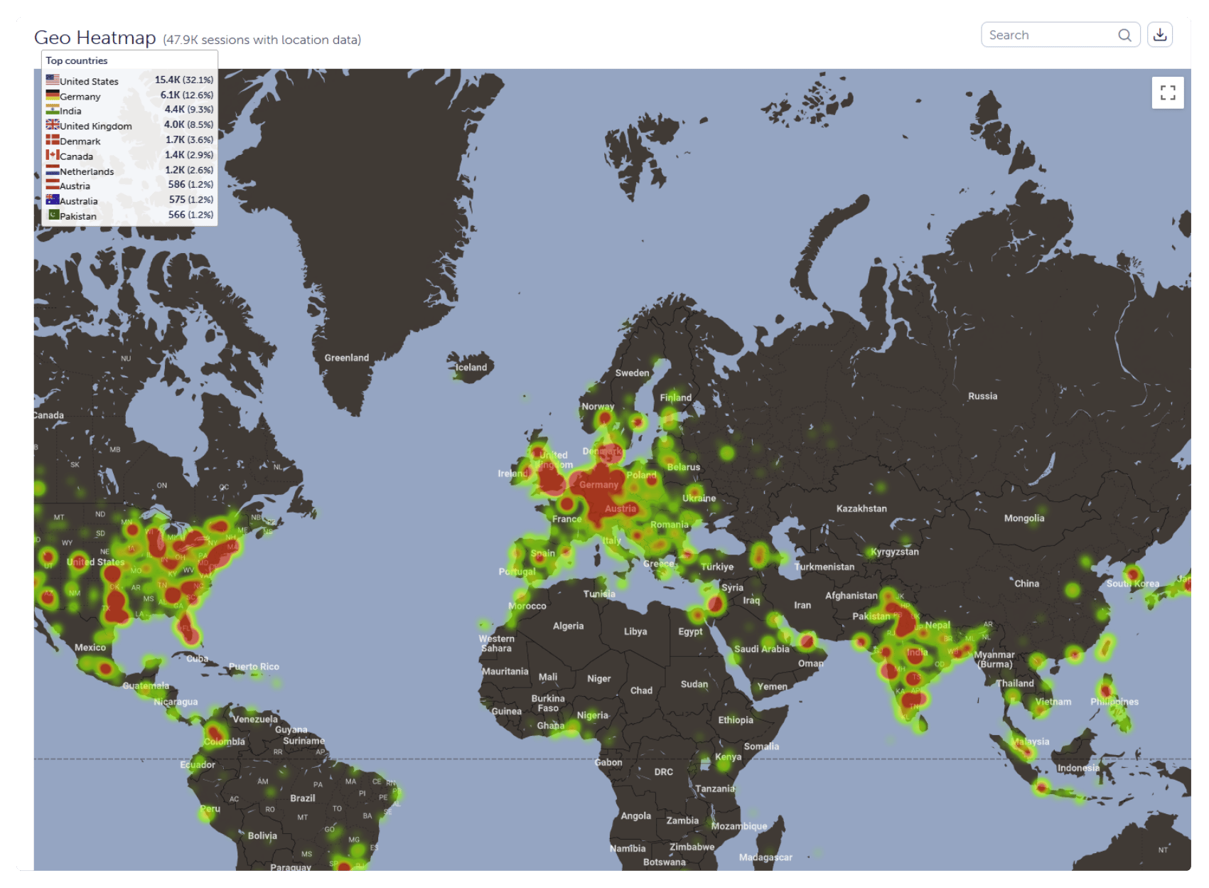 Example of Mouseflow's Geo Heatmap