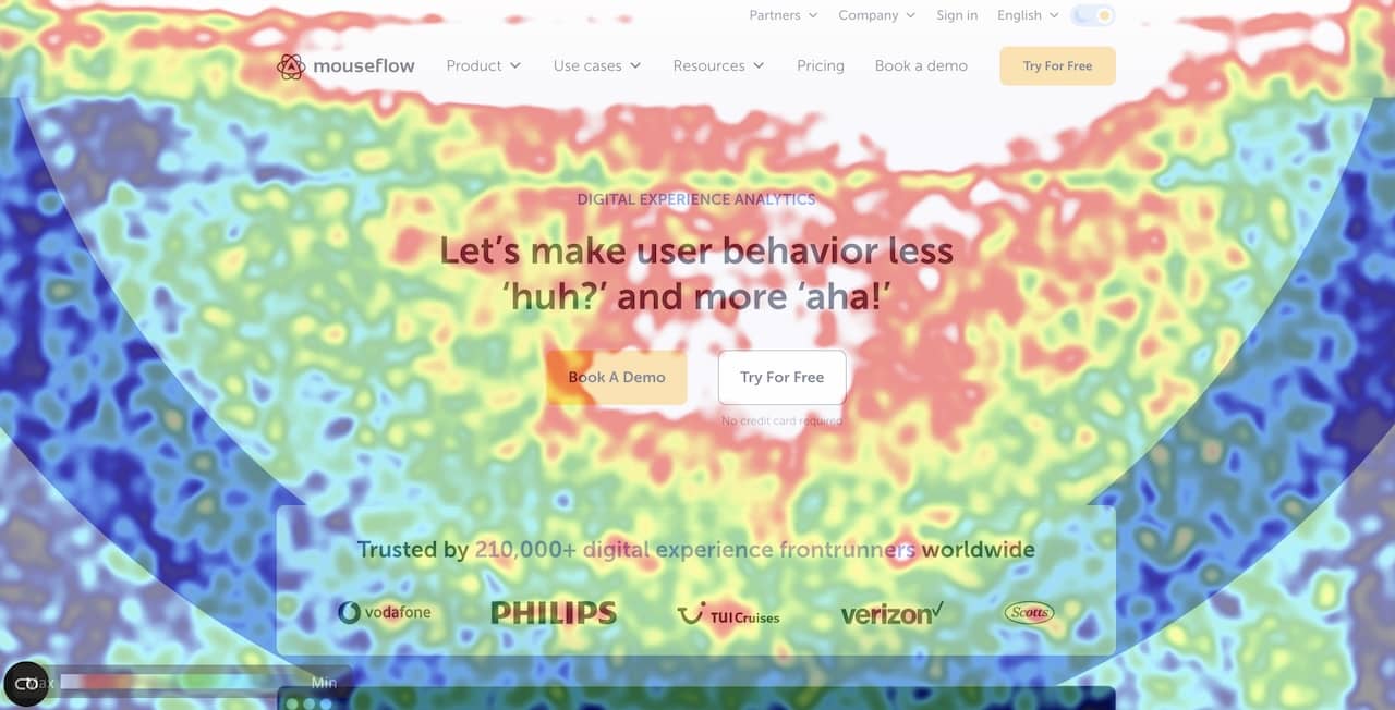 A movement heatmap of Mouseflow website homepage