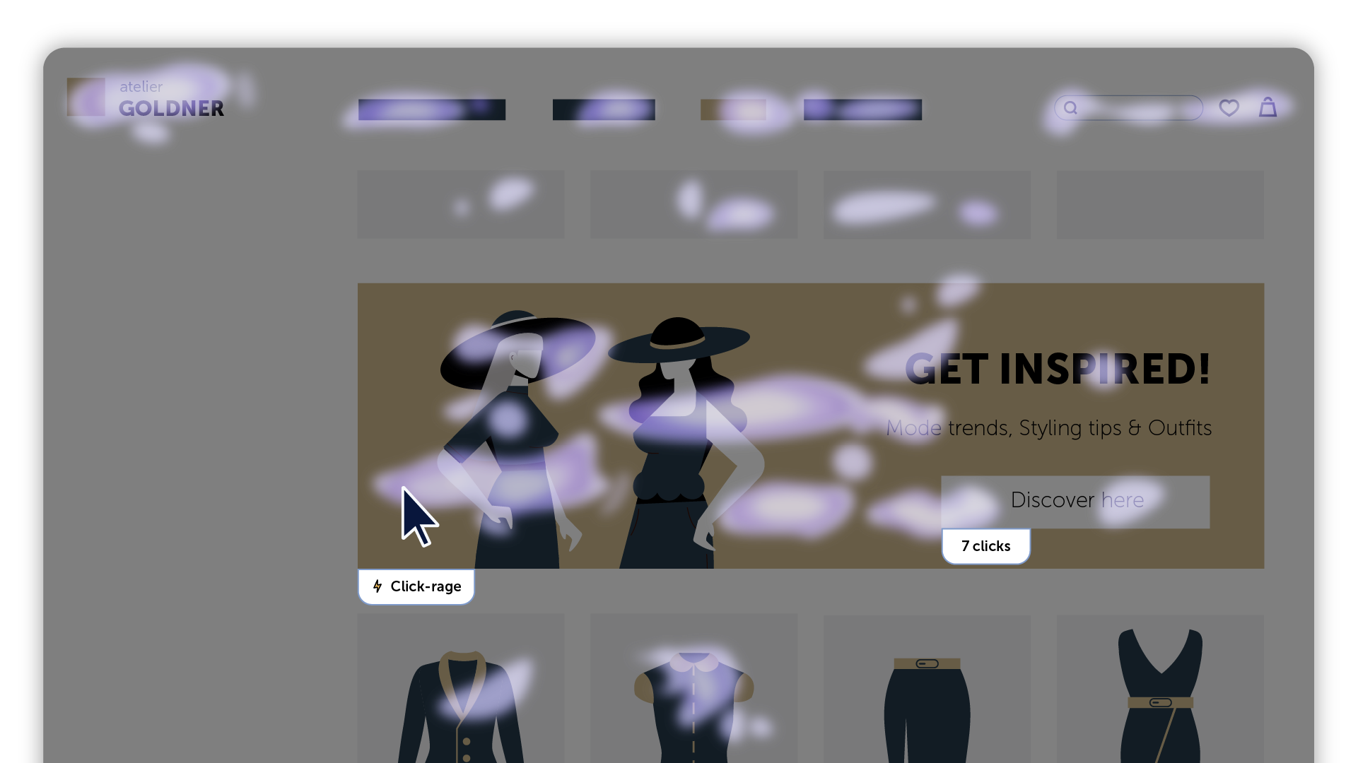 Website heatmap of atelier GOLDNER, showing user clicks and a click-rage event on a banner image.