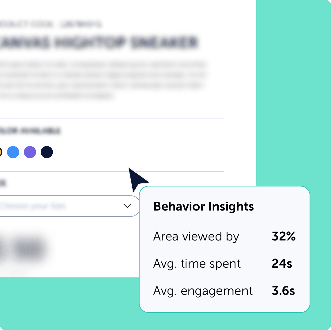 Behavior insights pop-up on a product page showing area visibility, average time spent, and engagement duration over a dropdown menu.