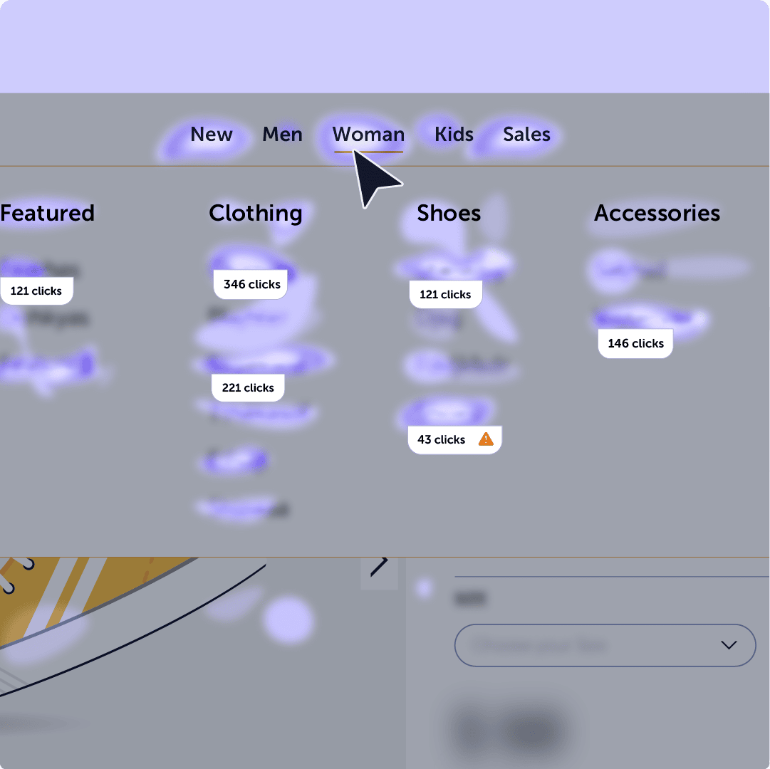 Heatmap visual showing user clicks across a website navigation menu with visible click counts on product categories like ‘Woman’, ‘Shoes’, and ‘Accessories’.