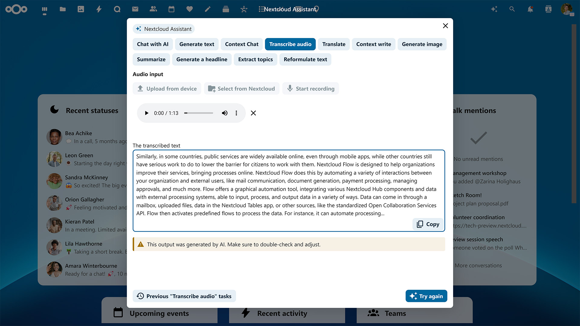 Nextcloud Assistant Hub 9 transcribe audio Nextcloud Assistant Hub 9 transcribe audio