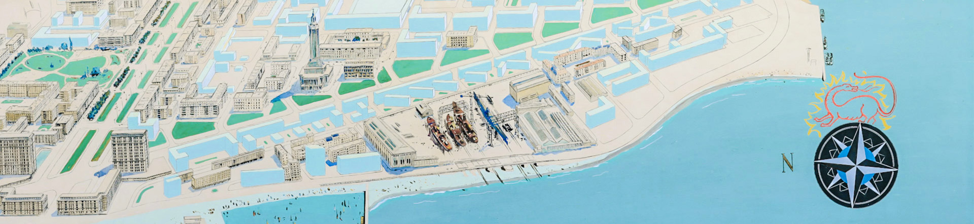 Plan représentant les îlots de la reconstruction du Havre, Ministère de la reconstruction et du logement, Ateliers Perret, 1953-1958, gouache sur bois, 100 x 200 cm, Le Havre, Bibliothèque municipale (OB 009)