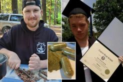Jordan McKibban camping, sitting at a table, cutting meat (left), Johnny Loring at his high school graduation (right), kratom in powder form (inset)