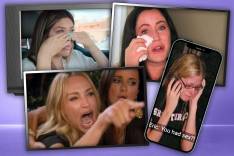 Collage of four reality TV screenshots showing emotional women, two crying, one yelling, and one looking distressed on a phone screen with text "Eric: You had sex?!".