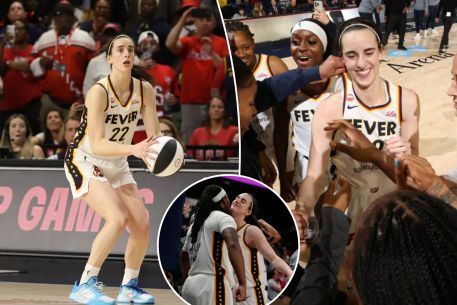 An image collage containing 3 images, Image 1 shows Caitlin Clark #22 of the Indiana Fever shoots game-winning three point basket during WNBA Commissioner's Cup game against the Washington Mystics on June 8, 2026 at CareFirst Arena, Image 2 shows Caitlin Clark celebrates with teammates of the Indiana Fever after a game against the Washington Mystics, Image 3 shows Caitlin Clark #22 of the Indiana Fever celebrates with Myisha Hines-Allen #2 after scoring the game-winning three pointer during the second half against the Washington Mystics at CareFirst Arena on June 08, 2026