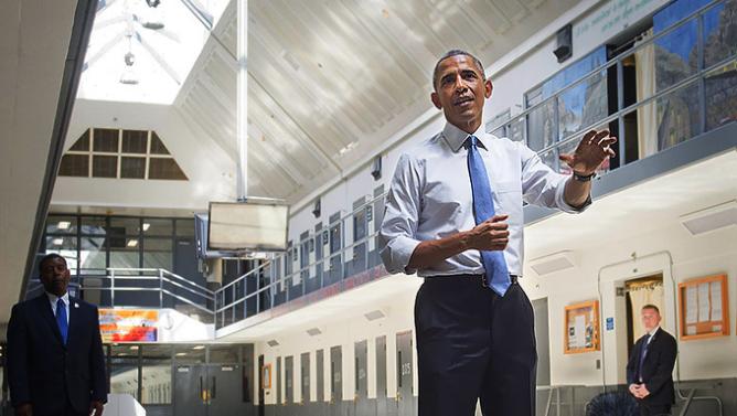 US President Barack Obama speaks as he tours the El Reno Federal Correctional Institution in El Reno, Oklahoma, July 16, 2015. Obama is the first sitting US President to visit a federal prison, in a push to reform one of the most expensive and crowded prison systems in the world. AFP PHOTO / SAUL LOEB (Photo credit should read SAUL LOEB/AFP/Getty Images)