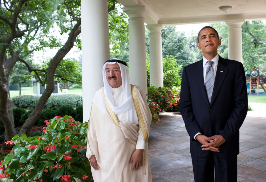 President Barack Obama meets with Al-Ahmad Al-Jaber Al-Sabah, the Amir of Kuwait, outside the Oval Office, August 3, 2009. (Official White House Photo by Pete Souza) This official White House photograph is being made available only for publication by news organizations and/or for personal use printing by the subject(s) of the photograph. The photograph may not be manipulated in any way and may not be used in commercial or political materials, advertisements, emails, products, promotions that in any way suggests approval or endorsement of the President, the First Family, or the White House.