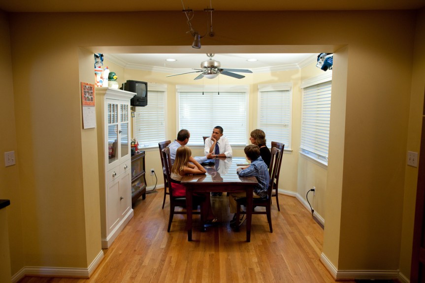 President Barack Obama meets the Weithman family: Joe, Rhonda, and their children, Rachel, 9, and Josh, 11, in their home in Columbus, Ohio, Aug. 18, 2010. (Official White House Photo by Pete Souza) This official White House photograph is being made available only for publication by news organizations and/or for personal use printing by the subject(s) of the photograph. The photograph may not be manipulated in any way and may not be used in commercial or political materials, advertisements, emails, products, promotions that in any way suggests approval or endorsement of the President, the First Family, or the White House.