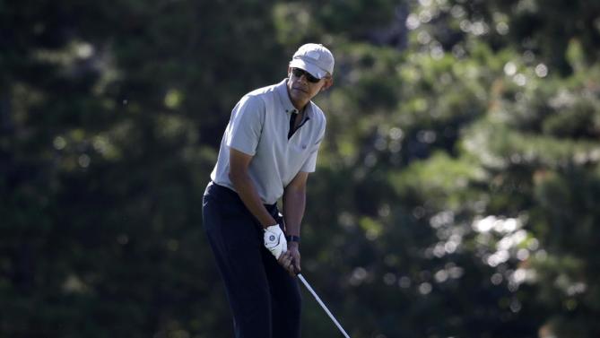 President Barack Obama prepares to chip onto a green while golfing Wednesday, Aug. 12, 2015, at Farm Neck Golf Club, in Oak Bluffs, Mass., on the island of Martha's Vineyard. The president, first lady Michelle Obama, and daughter Sasha are vacationing on the island. (AP Photo/Steven Senne)
