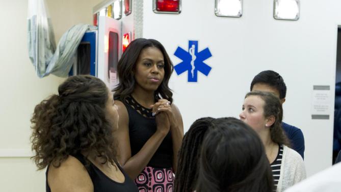 First lady Michelle Obama speaks to students during a visit to a career and technical training program at Howard Community College as part of her 'Reach Higher' initiative, Thursday, Sept. 17, 2015, in Columbia, Md. (AP Photo/Jose Luis Magana)