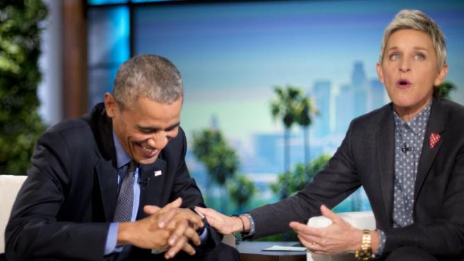 President Barack Obama laughs with Ellen DeGeneres during a commercial break while taping a show segment of the Ellen DeGeneres Show in Burbank, Calif., Thursday, Feb. 11, 2016. (AP Photo/Pablo Martinez Monsivais)