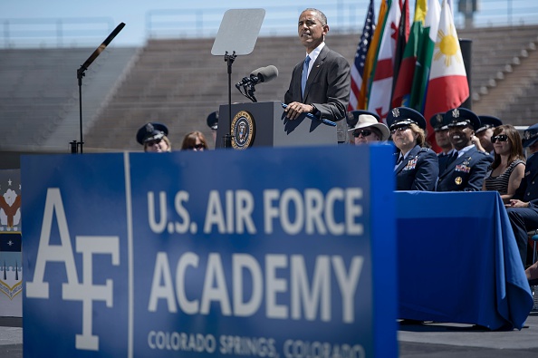 US President Barack Obama speaks during a graduation ceremony at the US Air Force Academy's Falcon Stadium June 2, 2016 in Colorado Springs, Colorado. / AFP / Brendan Smialowski (Photo credit should read BRENDAN SMIALOWSKI/AFP/Getty Images)