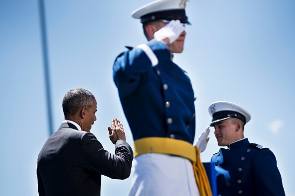 US President Barack Obama congratulates cadets during a graduation ceremony at the US Air Force Academy's Falcon Stadium June 2, 2016 in Colorado Springs, Colorado. / AFP / Brendan Smialowski (Photo credit should read BRENDAN SMIALOWSKI/AFP/Getty Images)