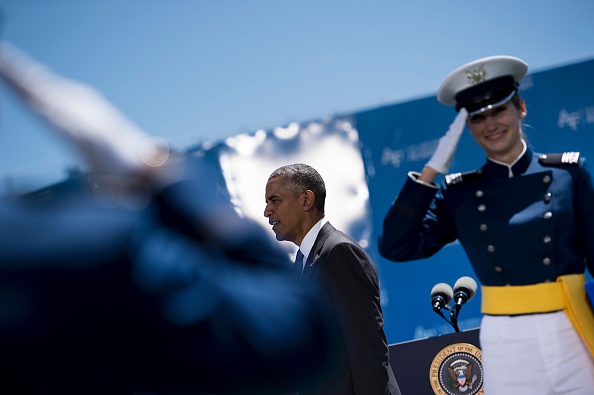 US President Barack Obama congratulates cadets during a graduation ceremony at the US Air Force Academy's Falcon Stadium June 2, 2016 in Colorado Springs, Colorado. / AFP / Brendan Smialowski (Photo credit should read BRENDAN SMIALOWSKI/AFP/Getty Images)