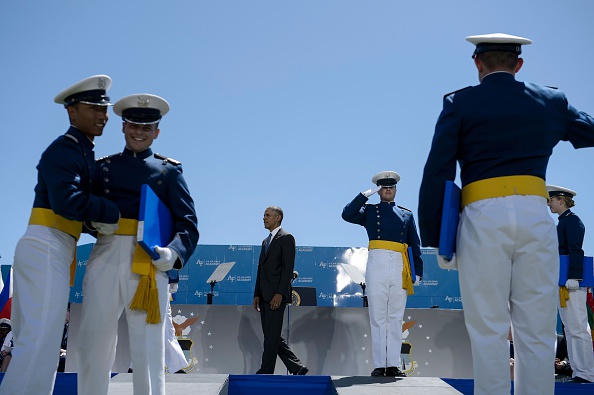 US President Barack Obama congratulates cadets during a graduation ceremony at the US Air Force Academy's Falcon Stadium June 2, 2016 in Colorado Springs, Colorado. / AFP / Brendan Smialowski (Photo credit should read BRENDAN SMIALOWSKI/AFP/Getty Images)