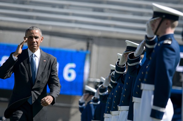 US President Barack Obama arrives for a graduation ceremony at the US Air Force Academy's Falcon Stadium June 2, 2016 in Colorado Springs, Colorado. / AFP / Brendan Smialowski (Photo credit should read BRENDAN SMIALOWSKI/AFP/Getty Images)
