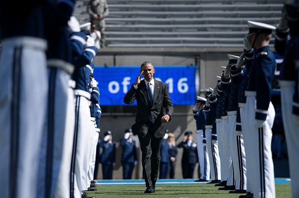 US President Barack Obama arrives for a graduation ceremony at the US Air Force Academy's Falcon Stadium June 2, 2016 in Colorado Springs, Colorado. / AFP / Brendan Smialowski (Photo credit should read BRENDAN SMIALOWSKI/AFP/Getty Images)