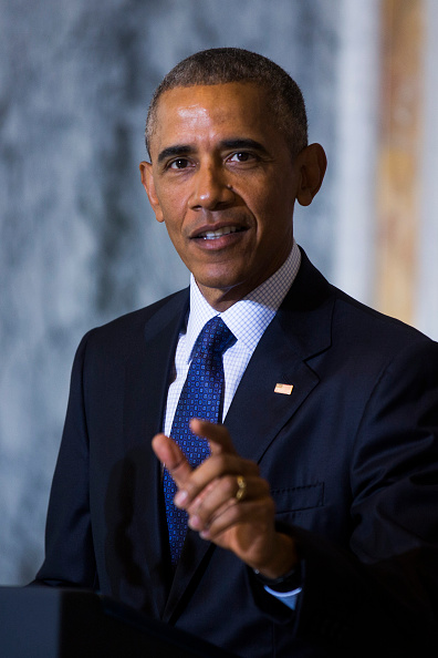 WASHINGTON, DC - JUNE 14: (AFP-OUT) US President Barack Obama speaks on the Orlando shooting at the Treasury Department after convening with his National Security Council on June 14, 2016 in Washington, DC. Obama directly attacked Donald Trump's proposal to ban Muslims from entering the United States. (Photo by Jim Lo Scalzo-Pool/Getty Images)