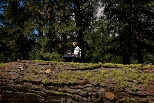 US President Barack Obama speaks while celebrating the 100th anniversary of the US National Parks system at Yosemite National Park, California, on June 18, 2016. / AFP / Brendan Smialowski (Photo credit should read BRENDAN SMIALOWSKI/AFP/Getty Images)