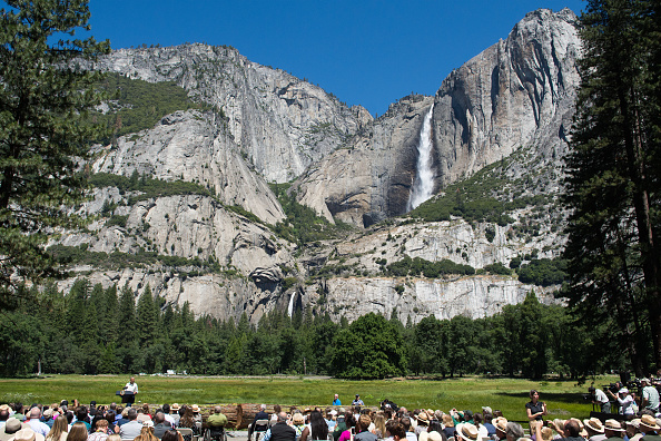 YOSEMITE NTL PARK, CA - JUNE 18: President Barack Obama speaks in front of Cook's Meadow and Yosemite Falls on June 18, 2016 in Yosemite National Park, California. Obama is marking the centennial of the National Park Service which began on August 25, 1916. (Photo by David Calvert/Getty Images)