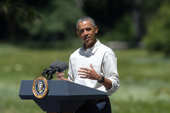 YOSEMITE NTL PARK, CA - JUNE 18: President Barack Obama speaks in front of Cook's Meadow on June 18, 2016 in Yosemite National Park, California. Obama is marking the centennial of the National Park Service which began on August 25, 1916. (Photo by David Calvert/Getty Images)