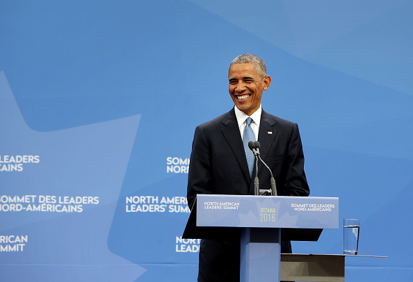 U.S. President Barack Obama smiles during a joint news conference with Enrique Pena Nieto, Mexico's president, not pictured, and Justin Trudeau, Canada's prime minister, not pictured, at the National Gallery of Canada during the North American Leaders Summit (NALS) in Ottawa, Ontario, Canada, on Wednesday, June 29, 2016. Leaders from the three Nafta nations "agree on the need for governments of all major steel-producing countries to make strong and immediate commitments to address the problem of global excess steelmaking capacity," according to a statement from Trudeau. Photographer: Cole Burston/Bloomberg via Getty Images