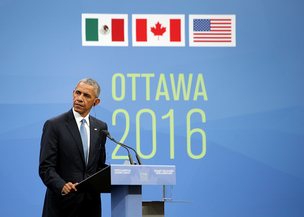 U.S. President Barack Obama listens during a joint news conference with Enrique Pena Nieto, Mexico's president, not pictured, and Justin Trudeau, Canada's prime minister, not pictured, at the National Gallery of Canada during the North American Leaders Summit (NALS) in Ottawa, Ontario, Canada, on Wednesday, June 29, 2016. Leaders from the three Nafta nations "agree on the need for governments of all major steel-producing countries to make strong and immediate commitments to address the problem of global excess steelmaking capacity," according to a statement from Trudeau. Photographer: Cole Burston/Bloomberg via Getty Images