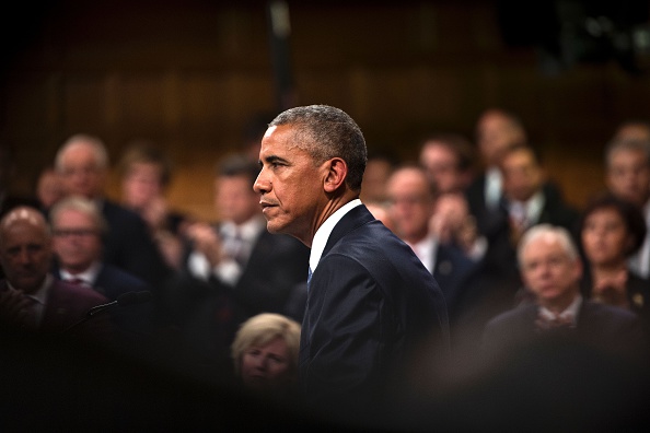 US President Barack Obama arrives to address Parliament in the House of Commons Chamber on Parliament Hill while attending the North American Leaders Summit on June 29, 2016 in Ottawa, Ontario. / AFP / Brendan Smialowski (Photo credit should read BRENDAN SMIALOWSKI/AFP/Getty Images)