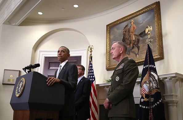 WASHINGTON, DC - JULY 06: U.S. President Barack Obama, flanked by Secretary of Defense Ashton Carter and Chairman of the Joint Chiefs of Staff Gen. Joseph Dunford (R), delivers a statement from the Roosevelt Room at the White House on the deployment of U.S. troops in Afghanistan July 6, 2016 in Washington, DC. Obama said more U.S. troops will remain in Afghanistan than he originally planned, leaving 8,400 U.S. troops rather than the intended 5,000. (Photo by Win McNamee/Getty Images)