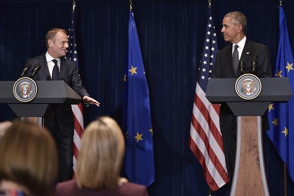 European Council President Donald Tusk (L) speaks while looking at US President Barack Obama during a press conference for the joint press statements following a meeting on the sidelines of the NATO Summit at a hotel in Warsaw on July 8, 2016. The Polish capital hosts a two-day NATO summit, first time that it hosts a top-level meeting of the Western military alliance since it joined in 1999. / AFP / MANDEL NGAN (Photo credit should read MANDEL NGAN/AFP/Getty Images)