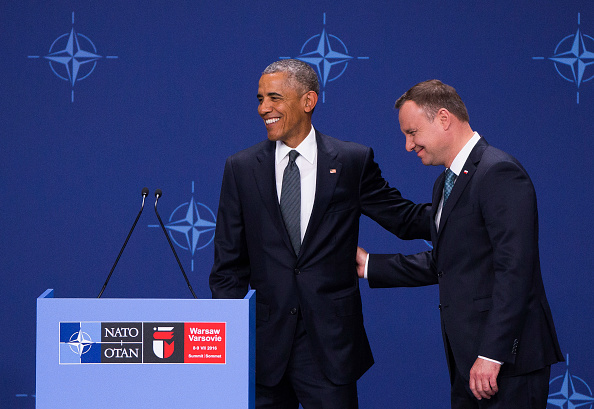 President of United States Barack Obama and Polish President Andrzej Duda at the media statements after meeting on NATO Summit in Warsaw, 08 June, 2016, Poland (Photo by Krystian Dobuszynski/NurPhoto via Getty Images)