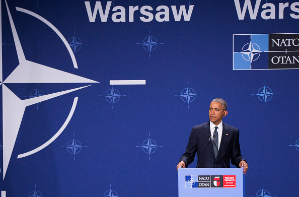 President of United States Barack Obama, at the media statements after meeting whit Polish President Andrzej Duda on NATO Summit in Warsaw, 08 June, 2016, Poland (Photo by Krystian Dobuszynski/NurPhoto via Getty Images)