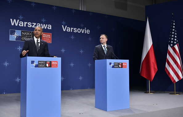 US President Barack Obama (L) and Poland's President Andrzej Duda (R) attend a press conference following a bilateral meeting on the sidelines of the NATO Summit in Warsaw, Poland, on July 8, 2016. The Polish capital Warsaw hosts a two-day top-level NATO meeting, first time since Poland joined the alliance in 1999. / AFP / MANDEL NGAN (Photo credit should read MANDEL NGAN/AFP/Getty Images)