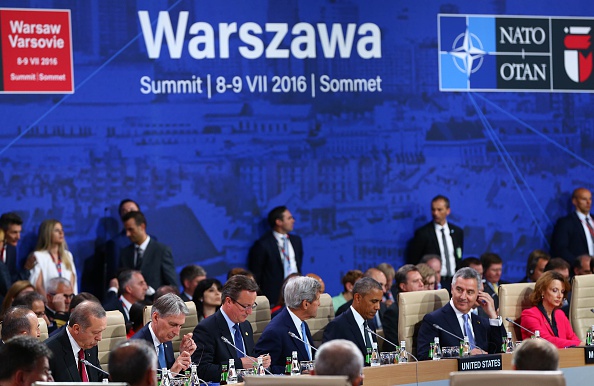 WARSAW, POLAND - JULY 8: British Foreign Secretary Philip Hammond (2nd L), President of Turkey Recep Tayyip Erdogan (L), British Pirme Minister David Cameron (3rd L) US Secretary of State John Kerry and US President Barack Obama ( 3rd R) attend the NATO Summit in Warsaw, Poland on July 8, 2016. (Photo by Kayhan Ozer/Anadolu Agency/Getty Images)