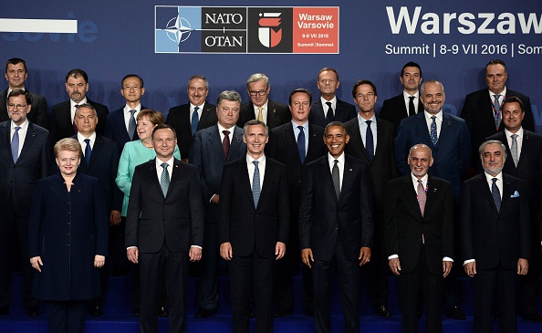 (Front row, L-R) Lithuania's President Dalia Grybauskaite, Polish President Andrzej Duda, NATO Secretary General Jens Stoltenberg, US President Barack Obama, Afghanistan's President Ashraf Ghani and Afghanistan's Chief Executive Abdullah Abdullah pose along with other leaders for a family photo during a NATO summit in Warsaw, Poland. The Polish capital Warsaw hosts a two-day top-level NATO meeting, for the first time since Poland joined the alliance in 1999. / AFP / STEPHANE DE SAKUTIN (Photo credit should read STEPHANE DE SAKUTIN/AFP/Getty Images)